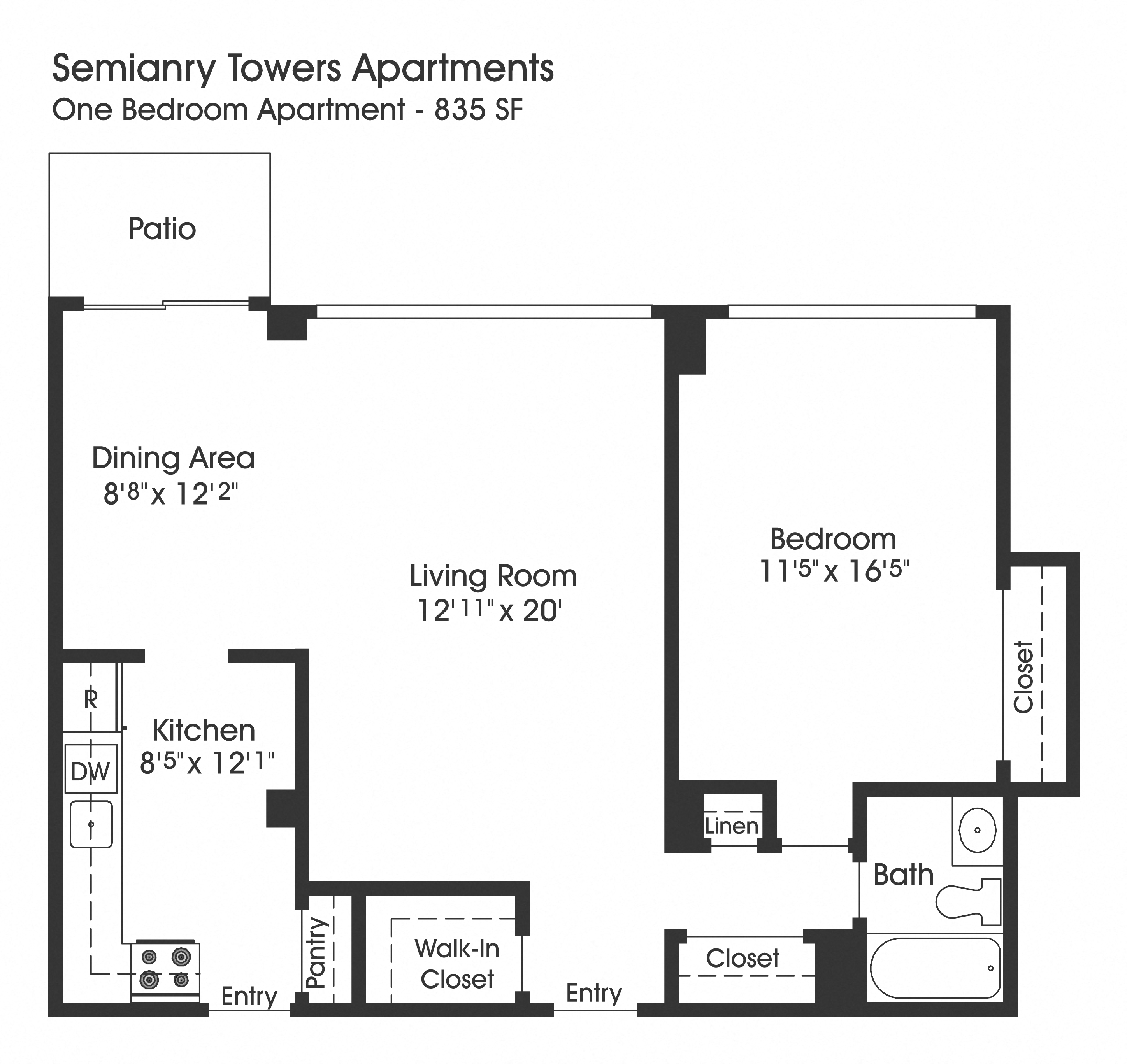 Floor plan for 1 bed, 1 bath, 835 sqft